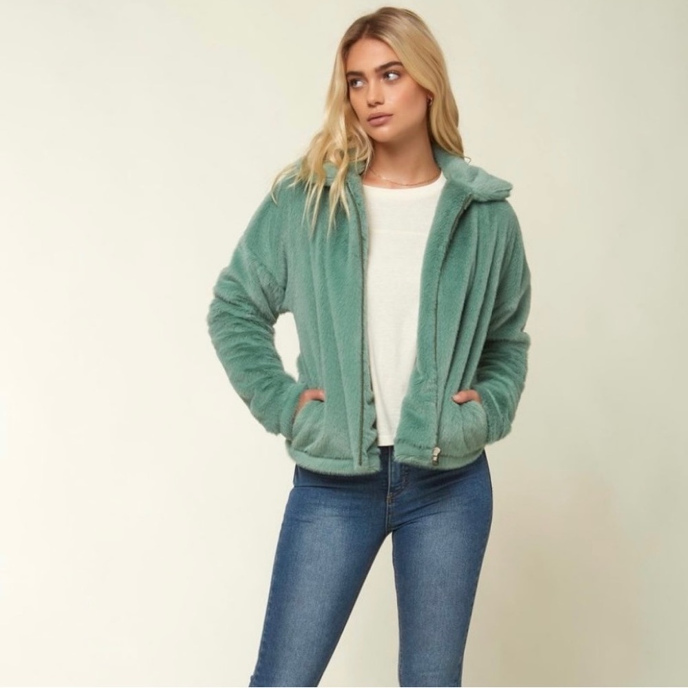 Mint Green Faux Fur Bomber